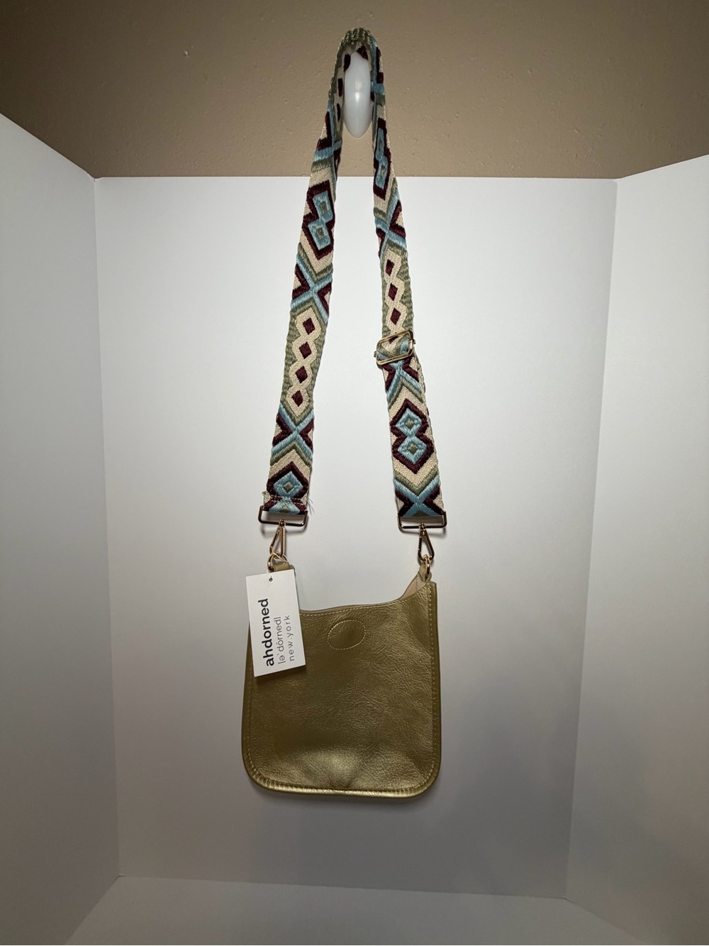 NWT Boutique Ahdorned Gold Crossbody with Patterned Strap